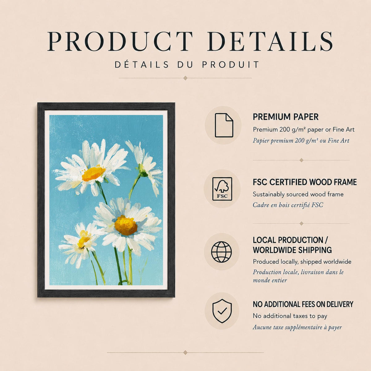 Affiche marguerites blanches sur fond bleu, peinture à l'huile, décoration murale printanière