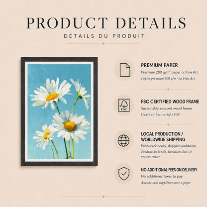 Affiche marguerites blanches sur fond bleu, peinture à l'huile, décoration murale printanière