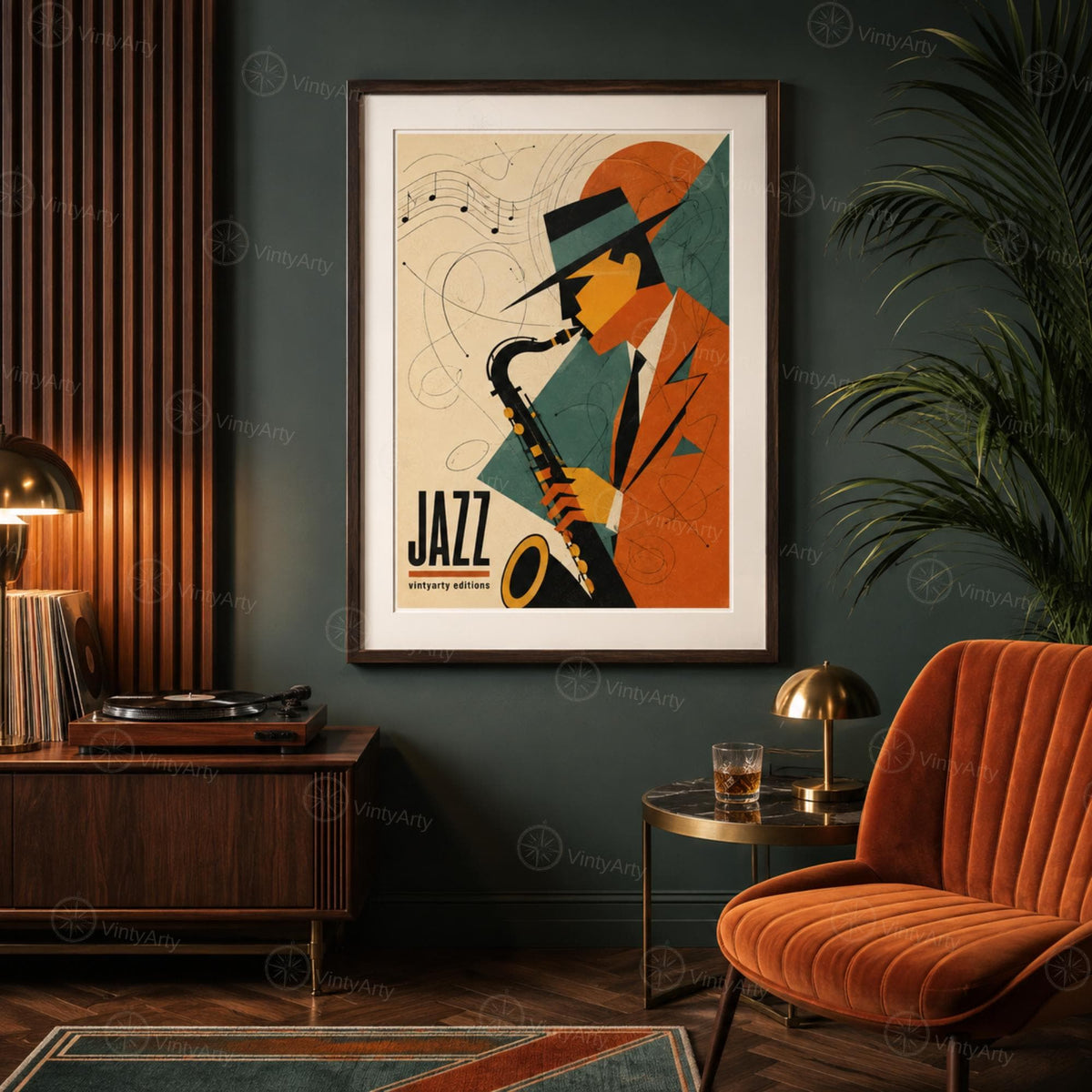 Affiche jazz rétro, saxophoniste et saxophone, poster musique jazz, décoration murale mid century