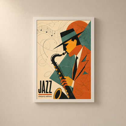 Affiche jazz rétro, saxophoniste et saxophone, poster musique jazz, décoration murale mid century