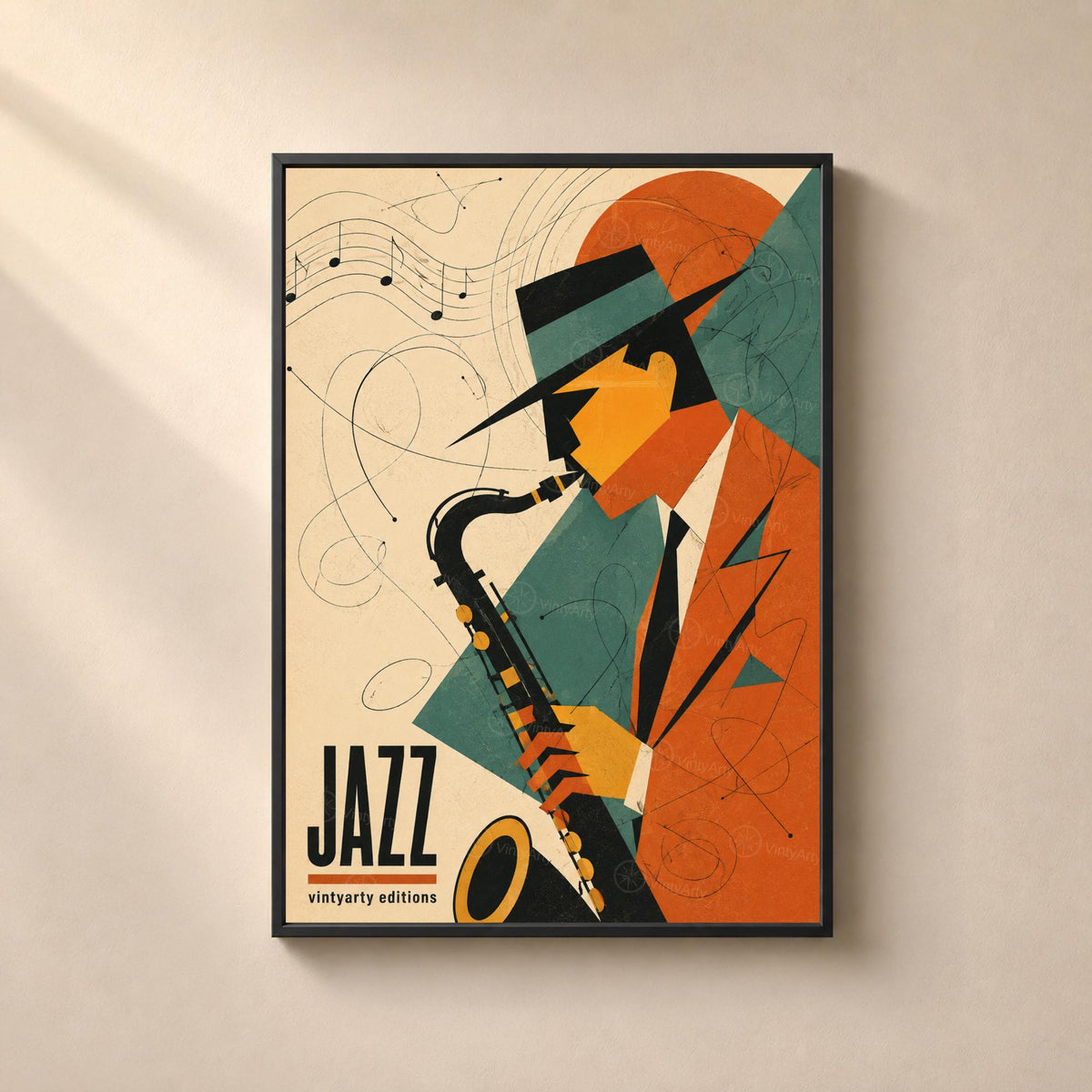 Affiche jazz rétro, saxophoniste et saxophone, poster musique jazz, décoration murale mid century