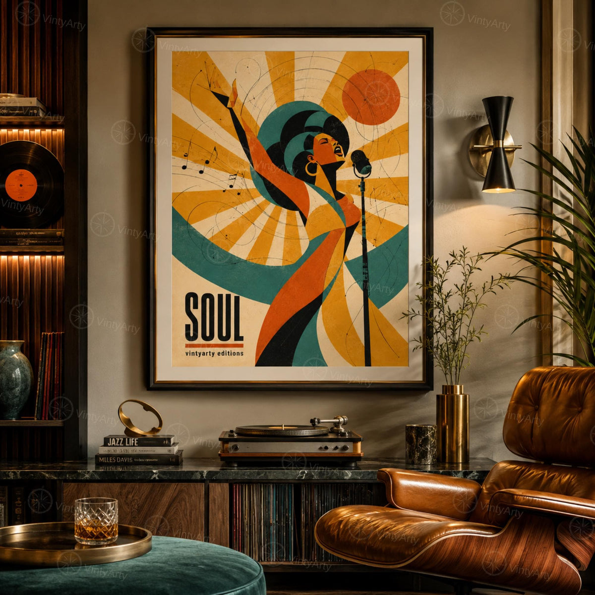 Affiche soul rétro, chanteuse au micro, poster musique soul, décoration murale musique