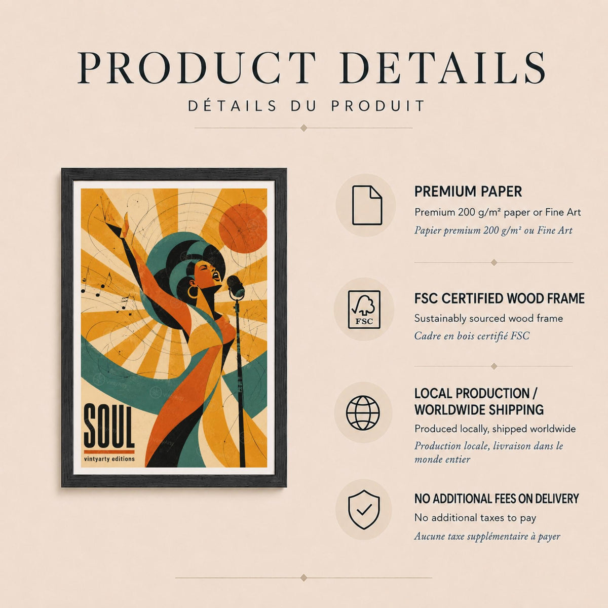 Affiche soul rétro, chanteuse au micro, poster musique soul, décoration murale musique
