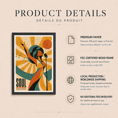 Affiche soul rétro, chanteuse au micro, poster musique soul, décoration murale musique