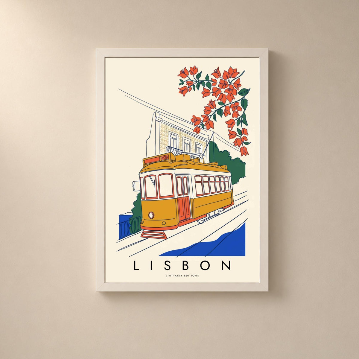 Affiche Lisbonne, tramway 28 et bougainvilliers, illustration au trait, décoration murale voyage