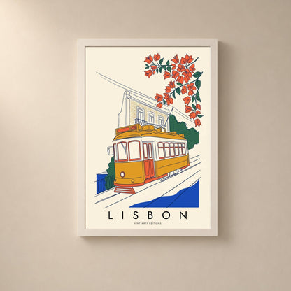 Affiche Lisbonne, tramway 28 et bougainvilliers, illustration au trait, décoration murale voyage