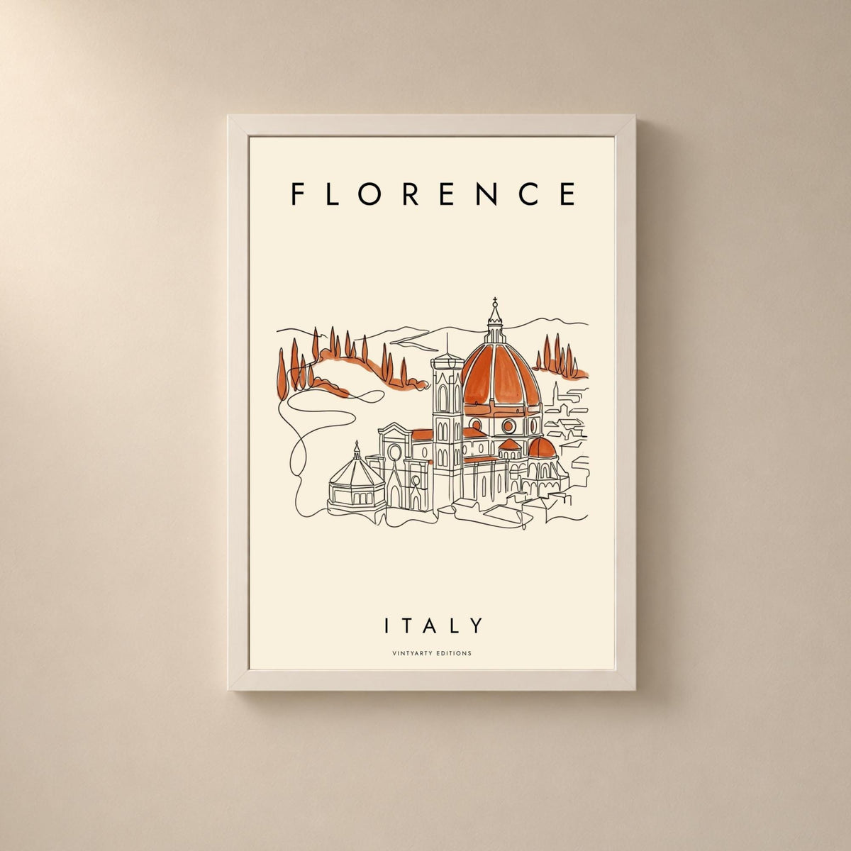 Affiche Florence, le Duomo au trait continu et collines toscanes, décoration murale voyage Italie