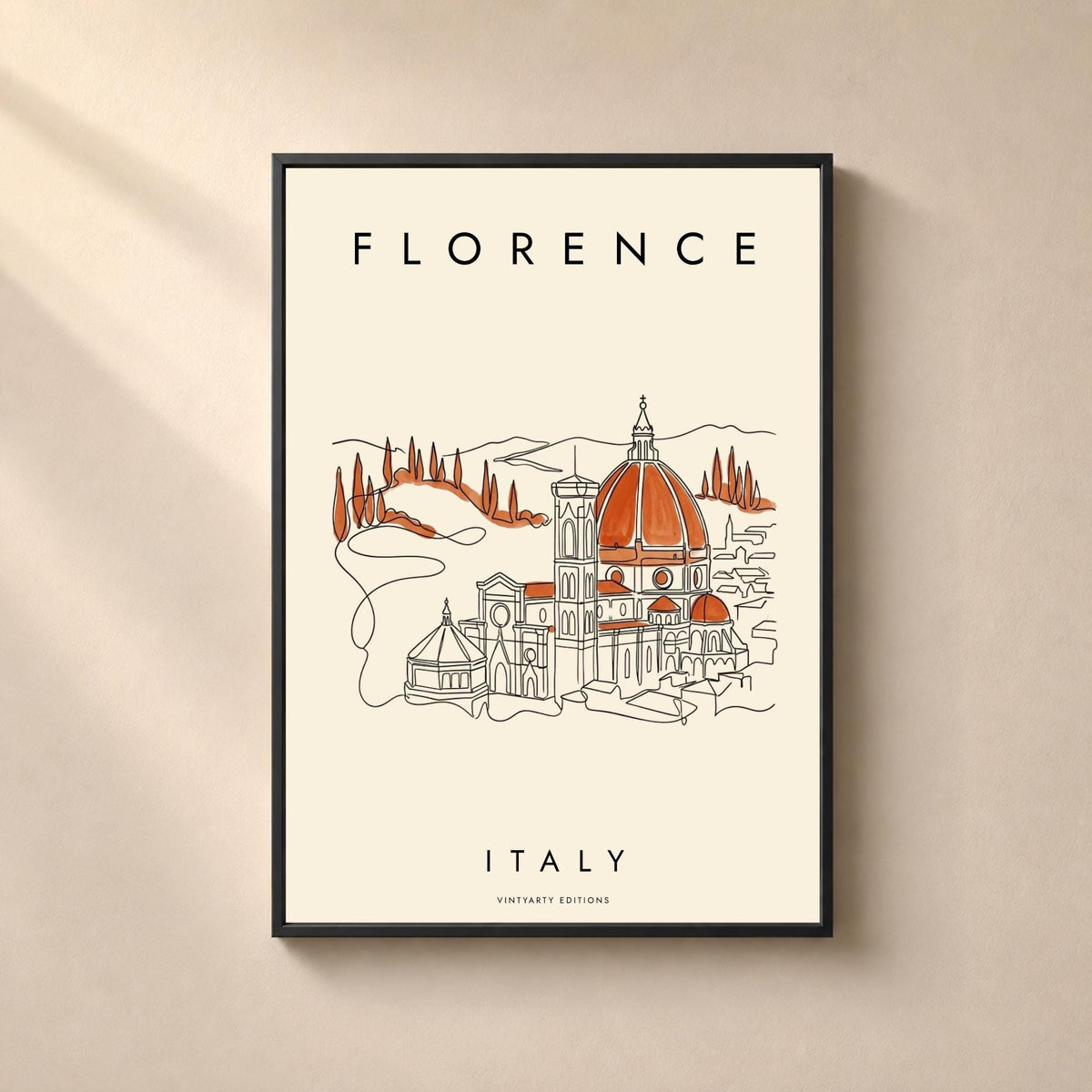 Affiche Florence, le Duomo au trait continu et collines toscanes, décoration murale voyage Italie