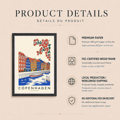 Affiche Copenhague, les maisons colorées de Nyhavn et le canal, décoration murale voyage
