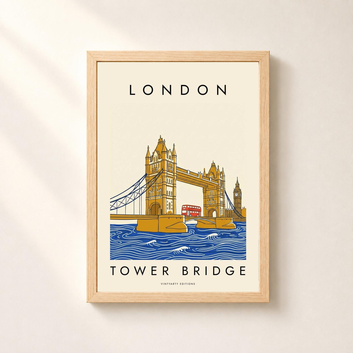 Affiche Londres, Tower Bridge, bus rouge et Big Ben, illustration graphique, décoration murale
