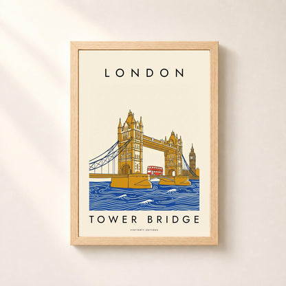 Affiche Londres, Tower Bridge, bus rouge et Big Ben, illustration graphique, décoration murale