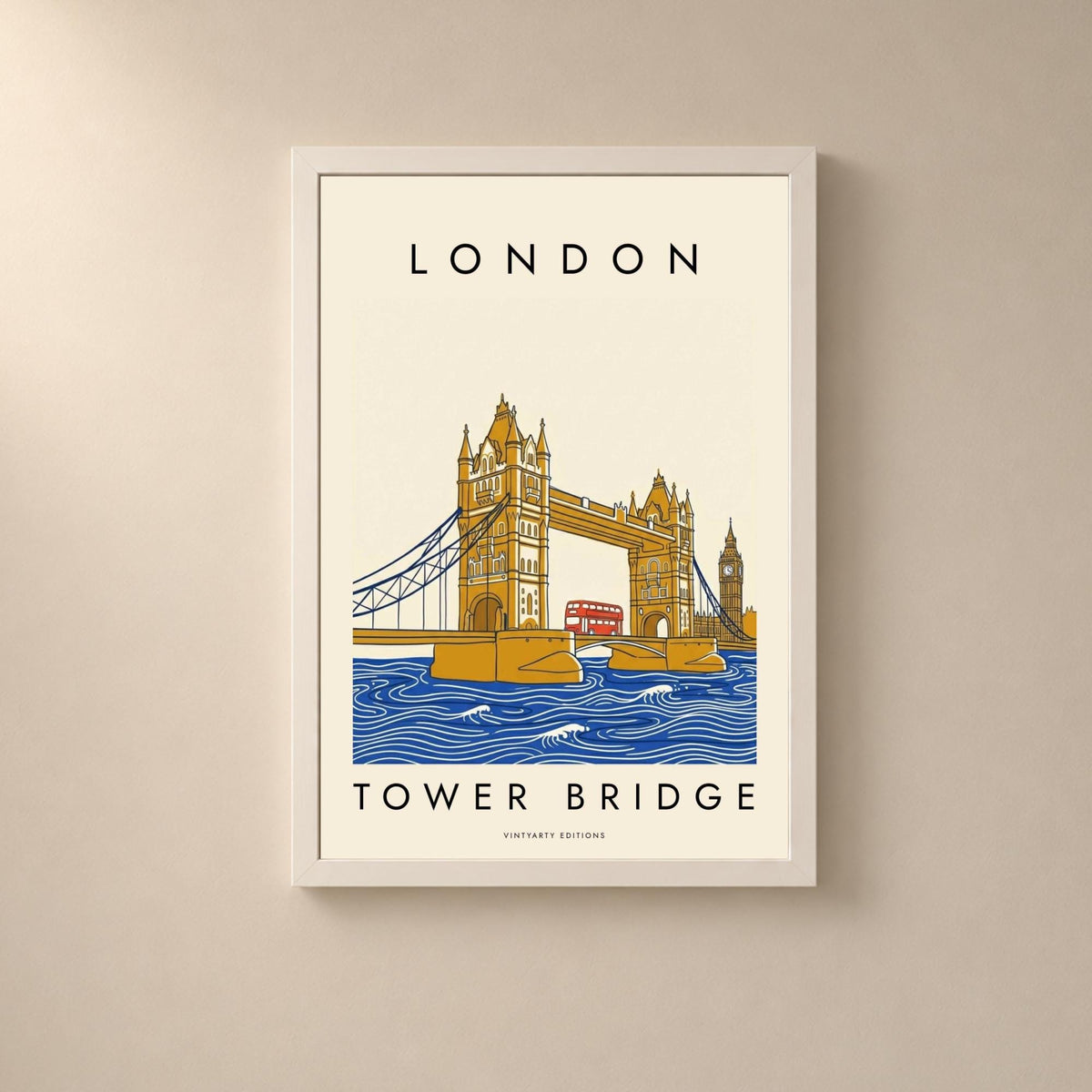 Affiche Londres, Tower Bridge, bus rouge et Big Ben, illustration graphique, décoration murale