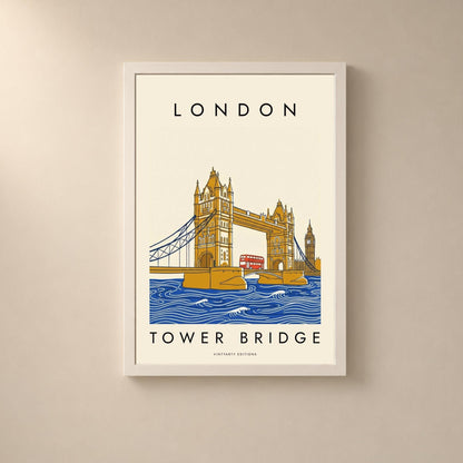 Affiche Londres, Tower Bridge, bus rouge et Big Ben, illustration graphique, décoration murale