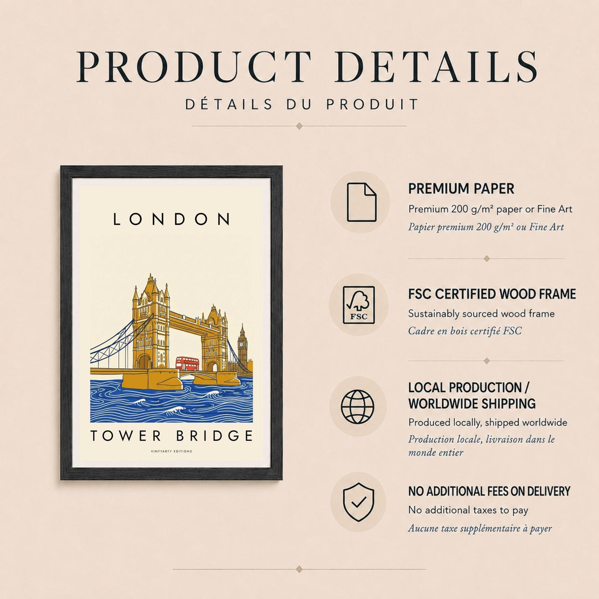 Affiche Londres, Tower Bridge, bus rouge et Big Ben, illustration graphique, décoration murale