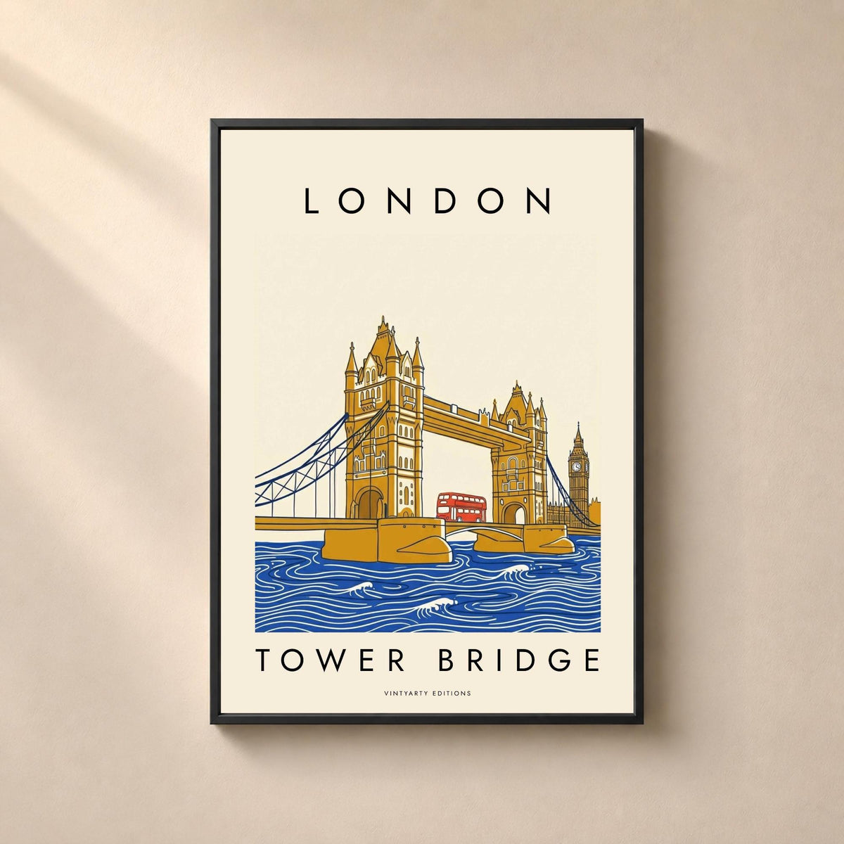 Affiche Londres, Tower Bridge, bus rouge et Big Ben, illustration graphique, décoration murale
