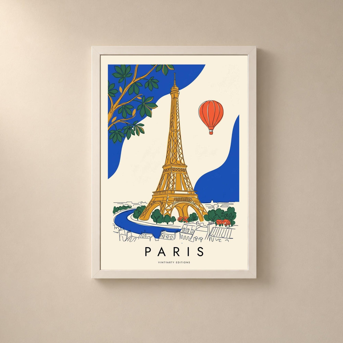 Affiche Paris, la tour Eiffel et une montgolfière, illustration au trait et aplats, décoration murale