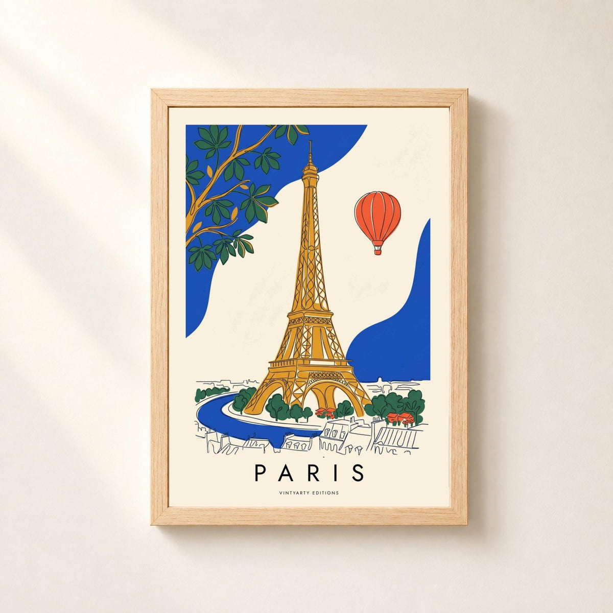 Affiche Paris, la tour Eiffel et une montgolfière, illustration au trait et aplats, décoration murale