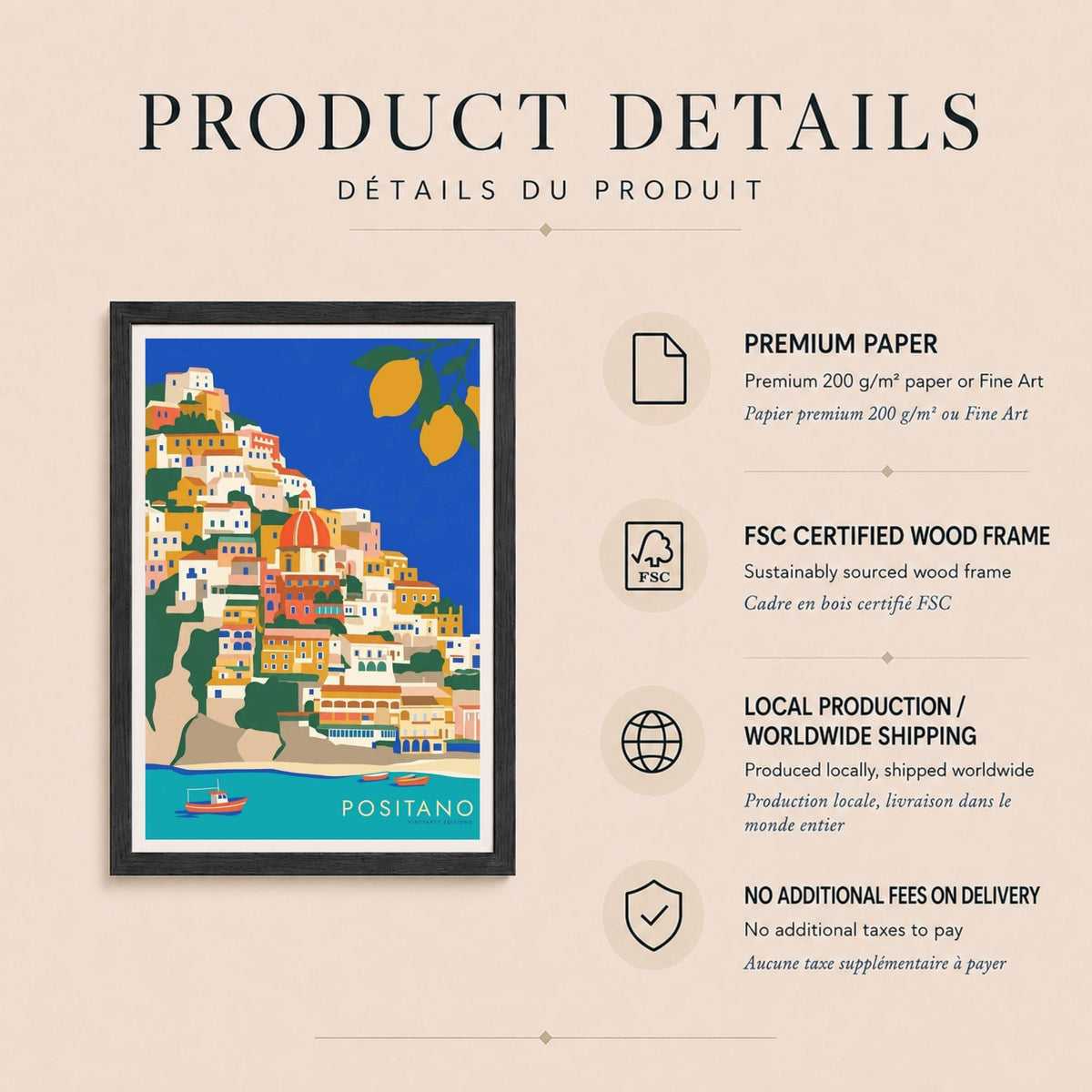 Affiche Positano, le village accroché à la falaise et les citrons, décoration murale côte amalfitaine