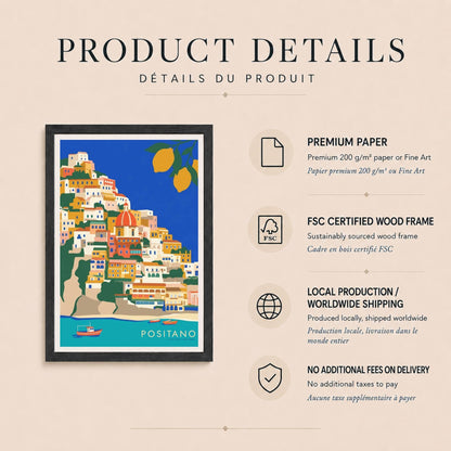 Affiche Positano, le village accroché à la falaise et les citrons, décoration murale côte amalfitaine