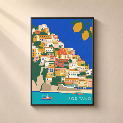 Affiche Positano, le village accroché à la falaise et les citrons, décoration murale côte amalfitaine