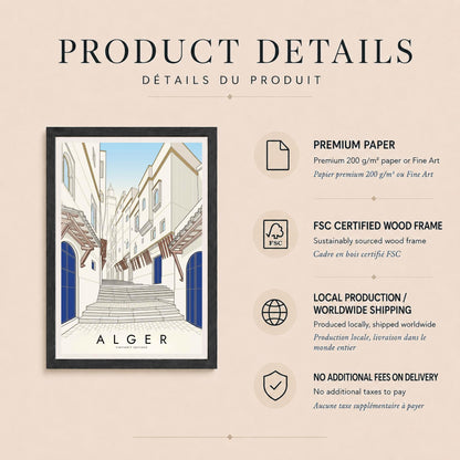 Affiche Alger, escalier de la Casbah, portes bleues et minaret, dessin au trait, décoration murale