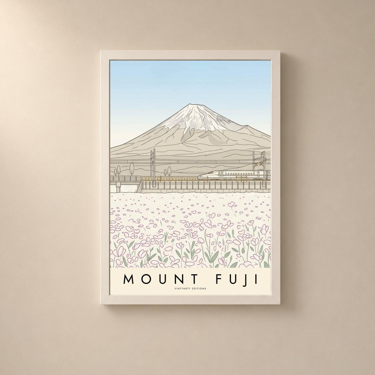 Affiche mont Fuji, le train à grande vitesse et les champs en fleurs, dessin au trait, art mural