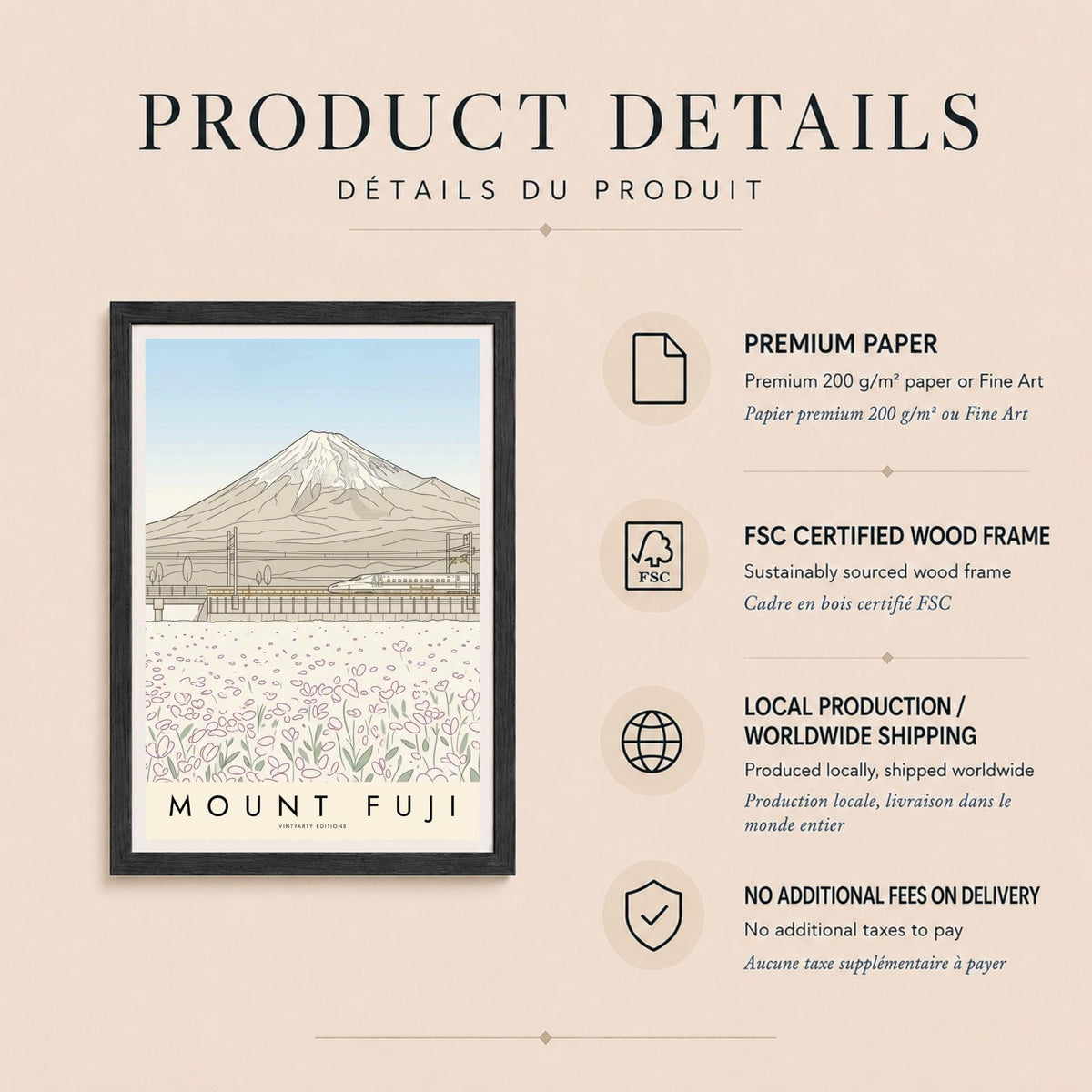Affiche mont Fuji, le train à grande vitesse et les champs en fleurs, dessin au trait, art mural