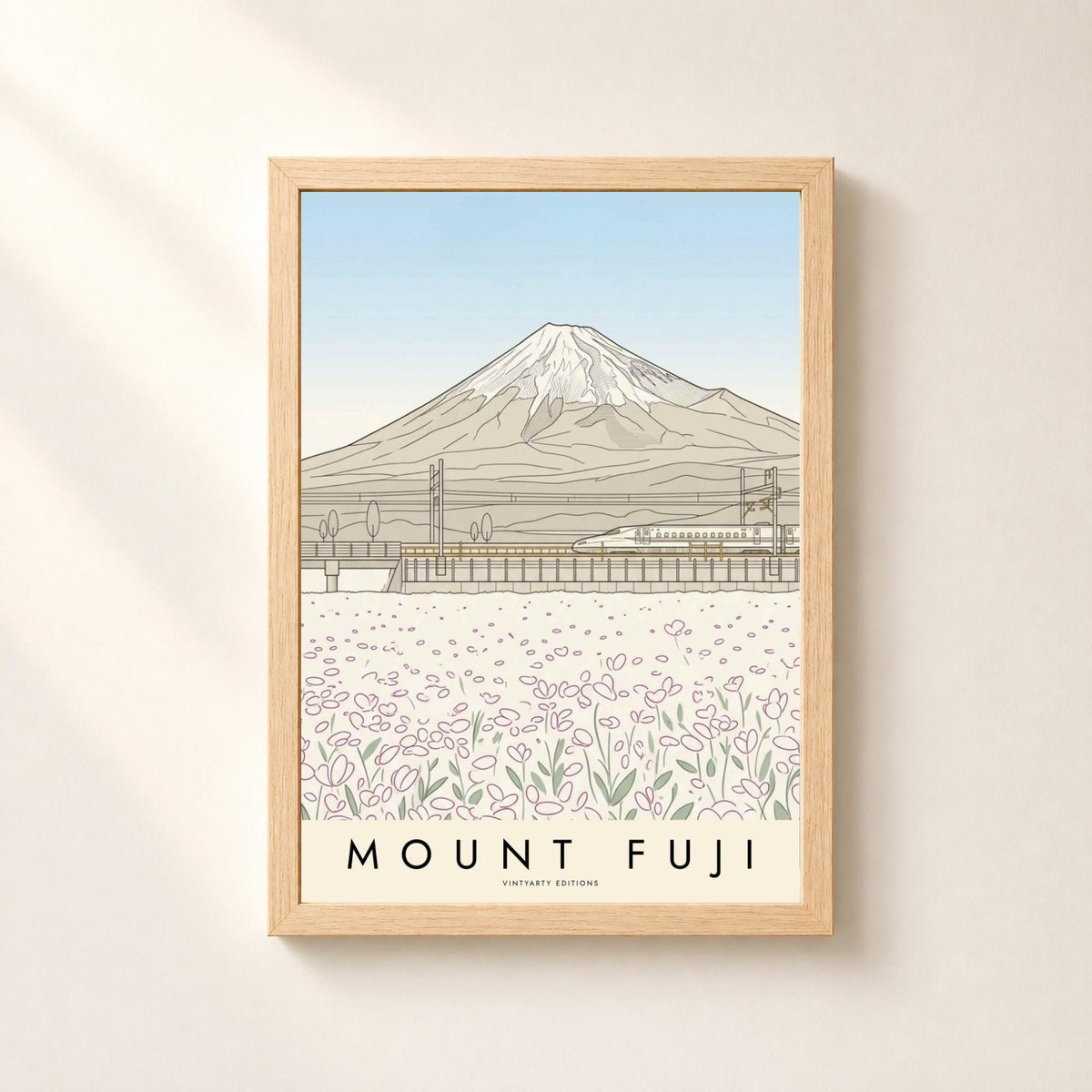 Affiche mont Fuji, le train à grande vitesse et les champs en fleurs, dessin au trait, art mural