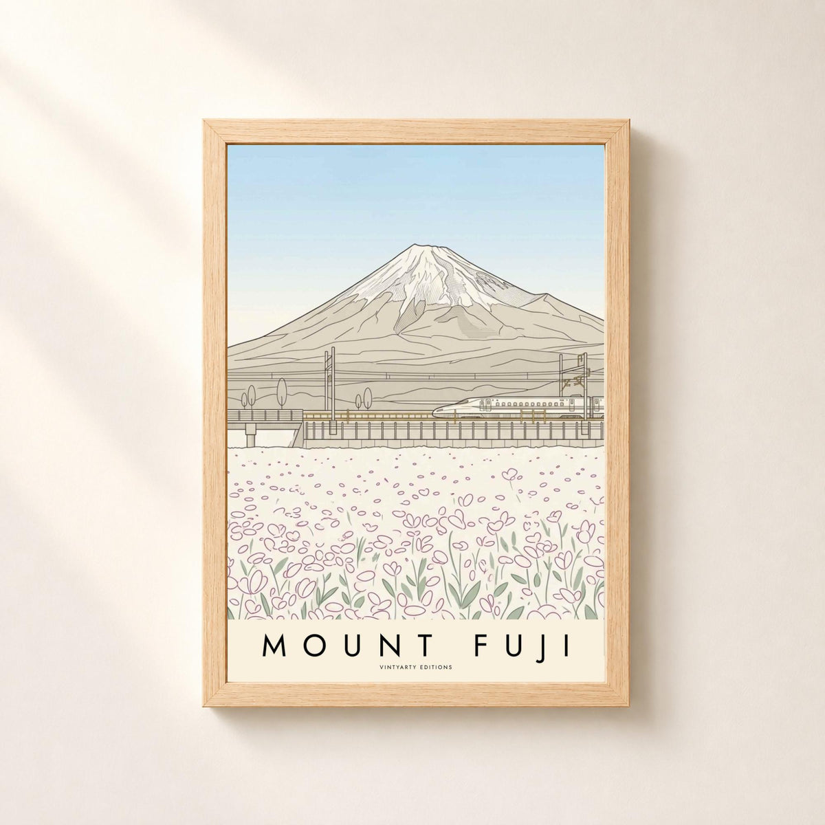 Affiche mont Fuji, le train à grande vitesse et les champs en fleurs, dessin au trait, art mural