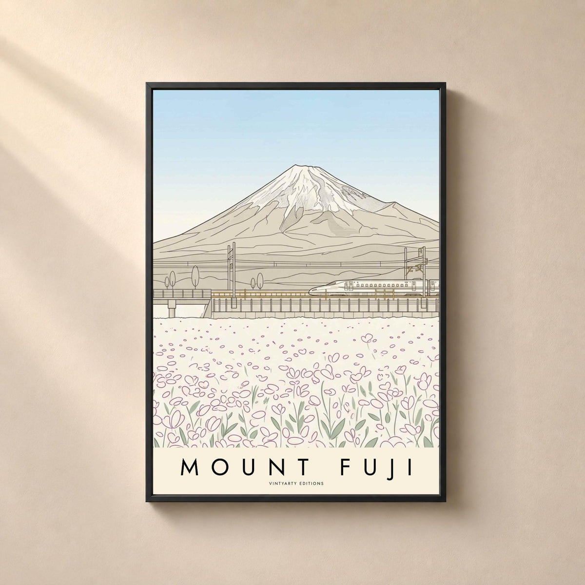 Affiche mont Fuji, le train à grande vitesse et les champs en fleurs, dessin au trait, art mural