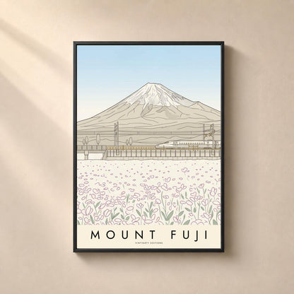Affiche mont Fuji, le train à grande vitesse et les champs en fleurs, dessin au trait, art mural