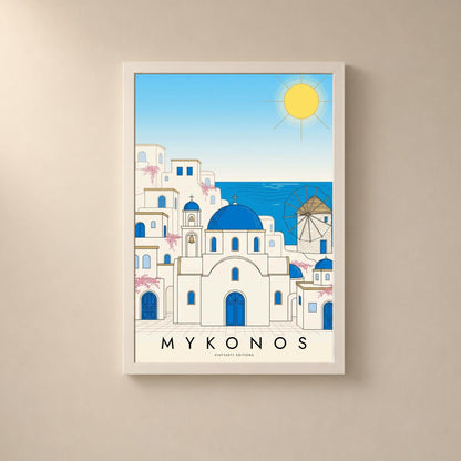 Affiche Mykonos, dômes bleus, moulin et mer Égée, illustration au trait, décoration murale voyage