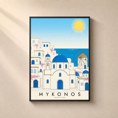 Affiche Mykonos, dômes bleus, moulin et mer Égée, illustration au trait, décoration murale voyage