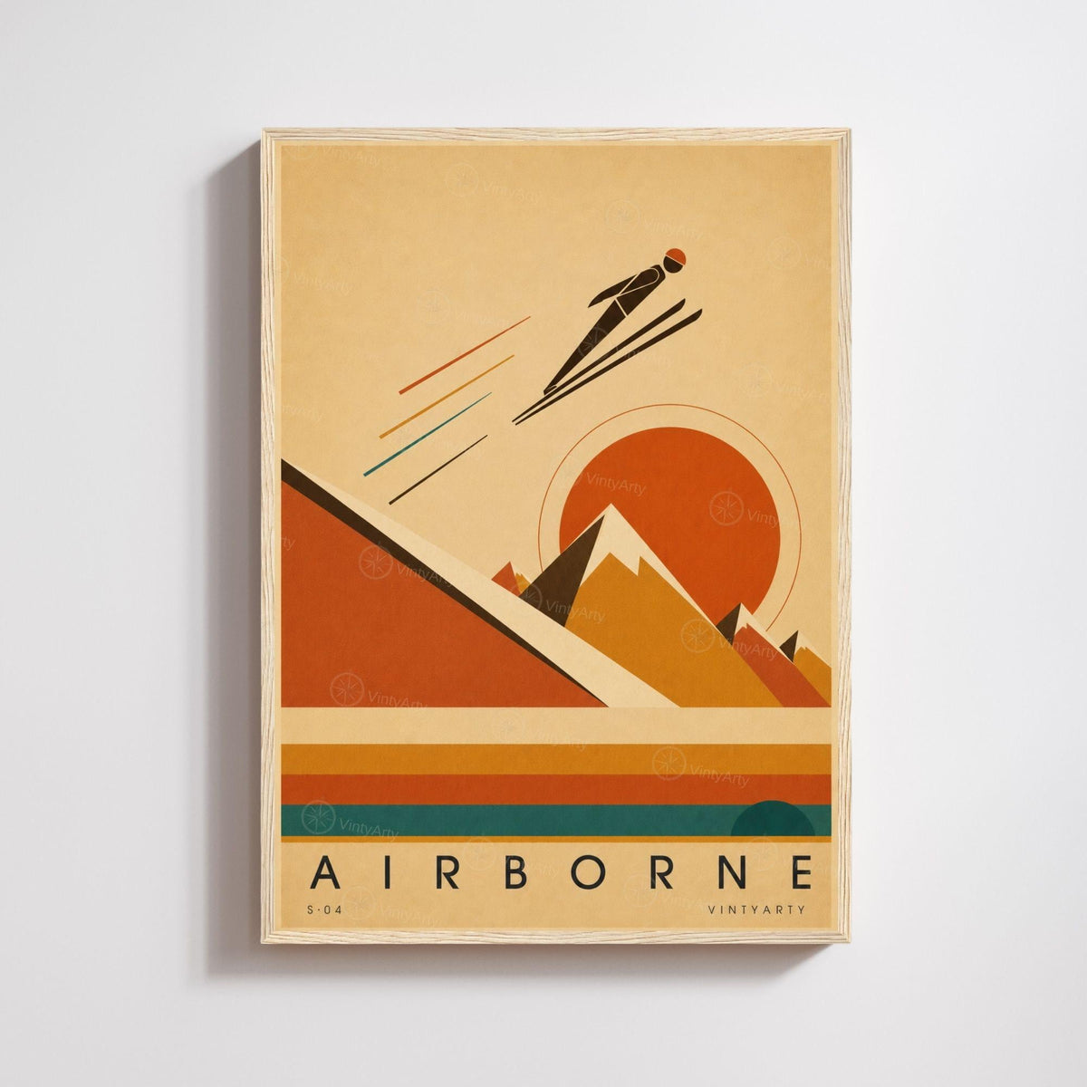 Affiche saut à ski, silhouette et soleil orange, illustration mid-century, décoration murale sport
