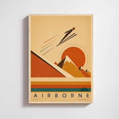 Affiche saut à ski, silhouette et soleil orange, illustration mid-century, décoration murale sport