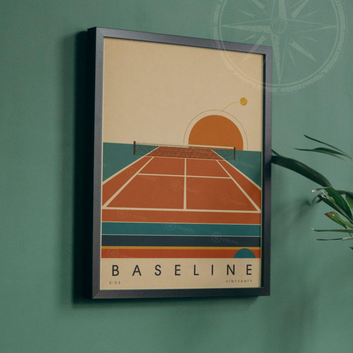Affiche tennis, court en terre battue au soleil couchant, illustration mid-century, décoration murale