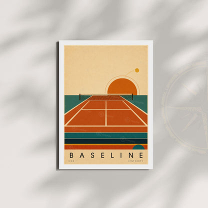 Affiche tennis, court en terre battue au soleil couchant, illustration mid-century, décoration murale