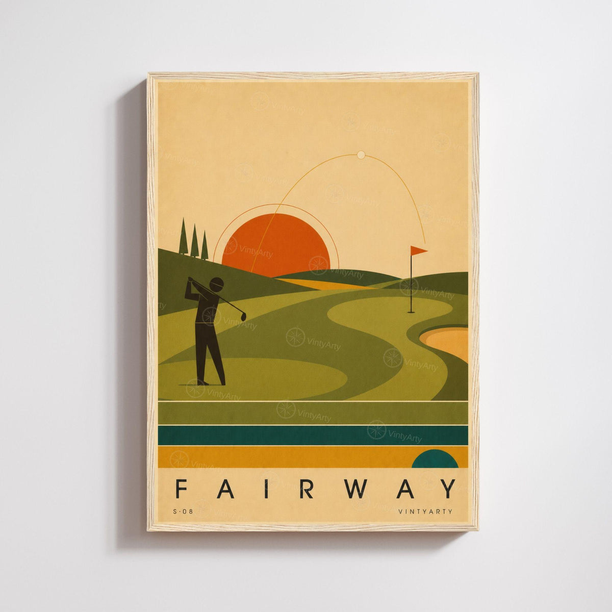 Affiche golf, golfeur au départ et parcours au soleil couchant, illustration mid-century, art mural