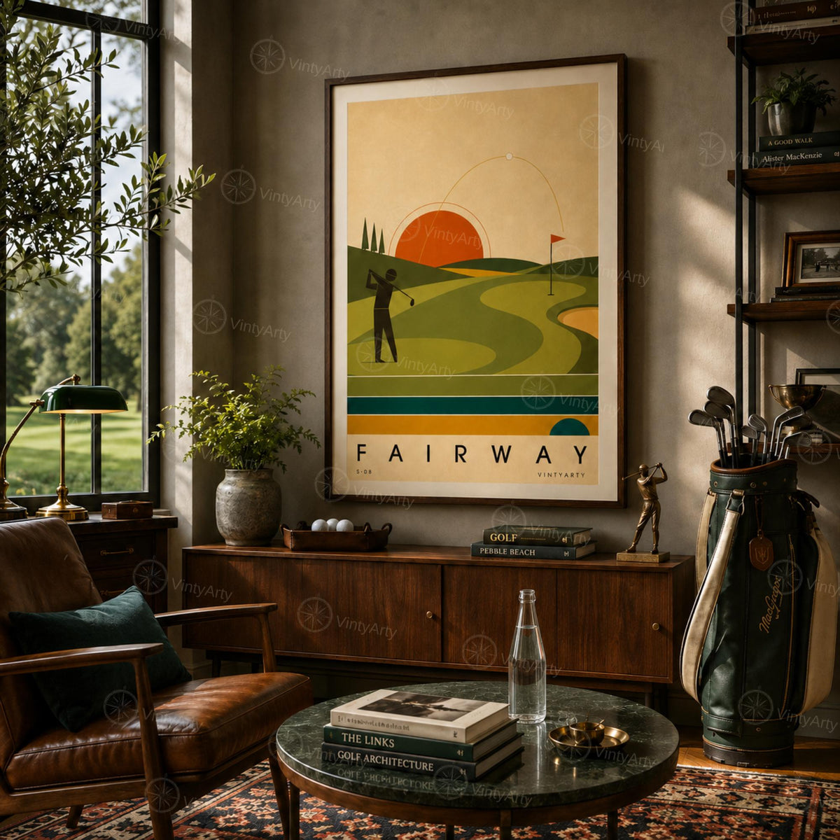 Affiche golf, golfeur au départ et parcours au soleil couchant, illustration mid-century, art mural