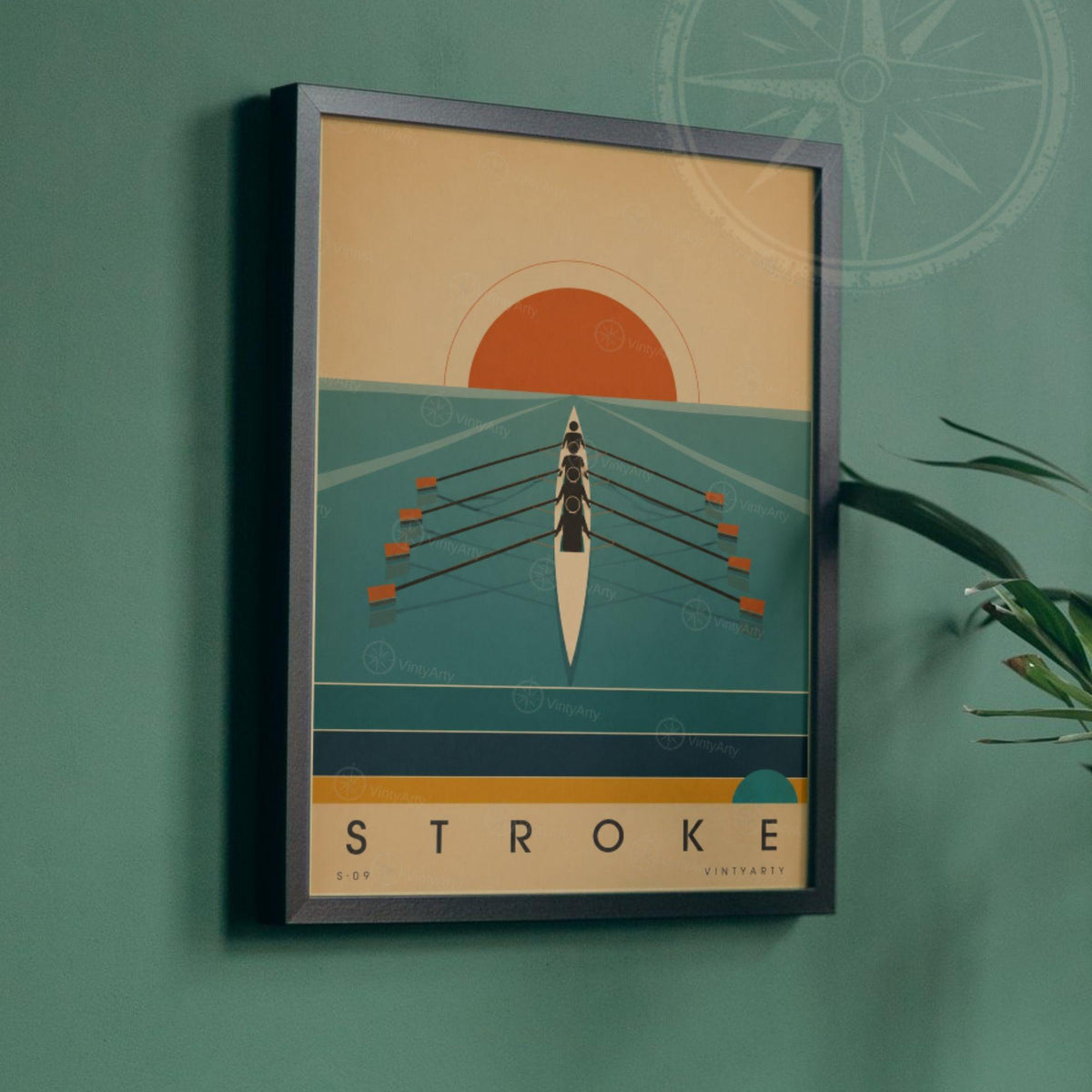 Affiche aviron, quatre rameurs face au soleil levant, illustration mid-century, décoration murale