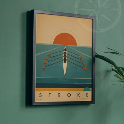 Affiche aviron, quatre rameurs face au soleil levant, illustration mid-century, décoration murale