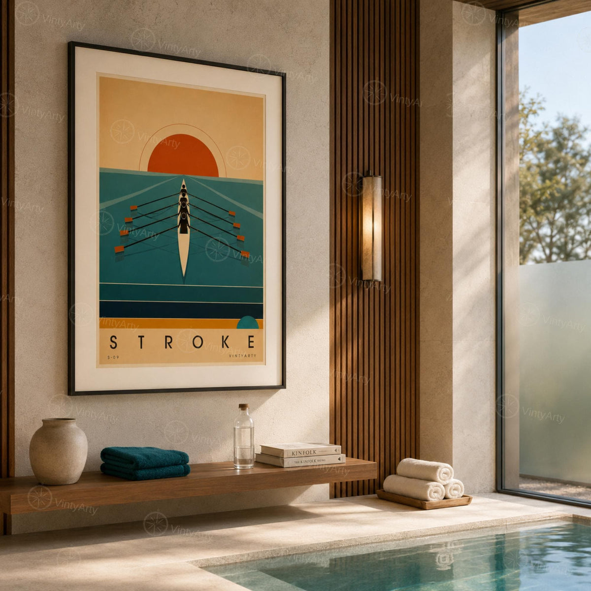 Affiche aviron, quatre rameurs face au soleil levant, illustration mid-century, décoration murale