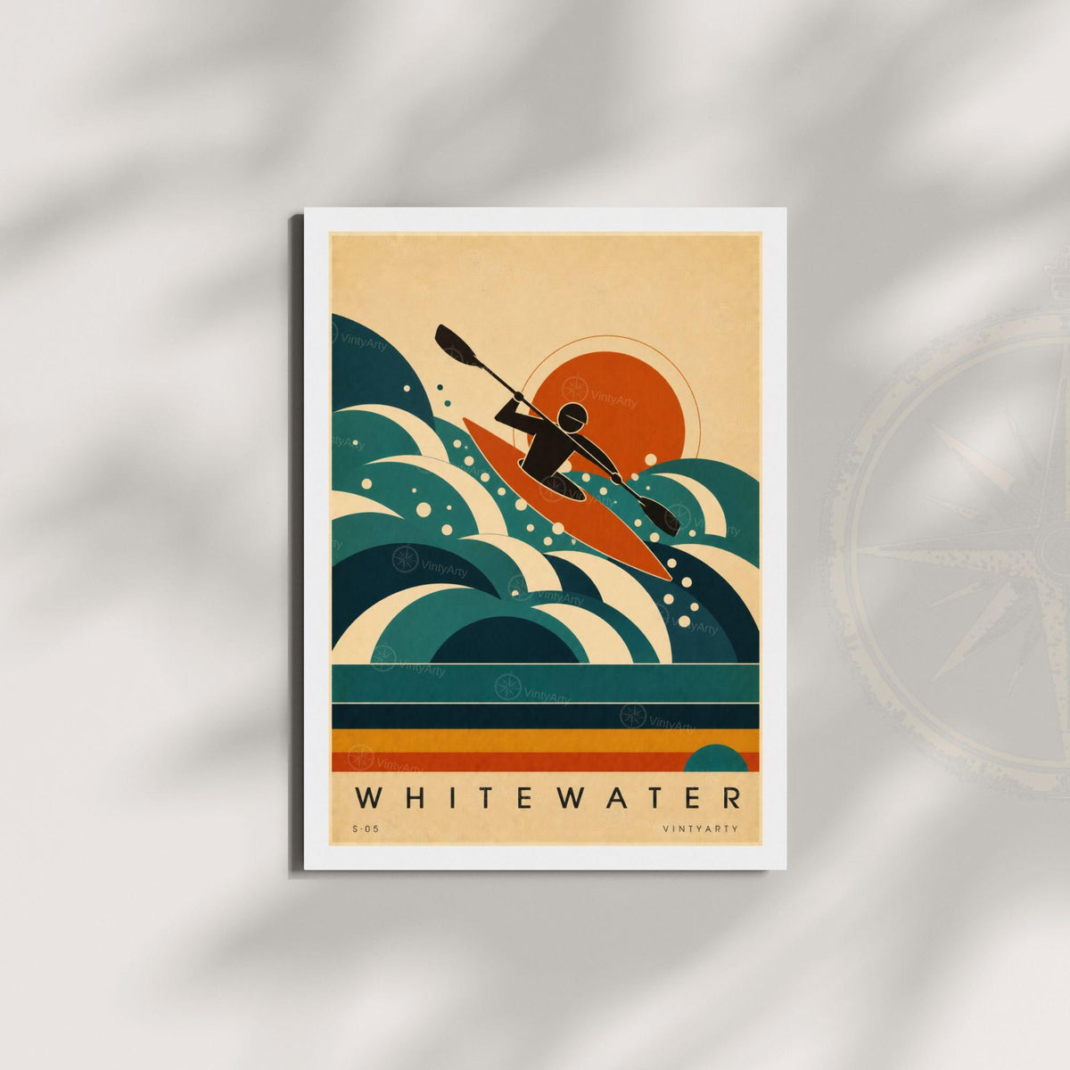 Affiche kayak, kayakiste en eaux vives au soleil couchant, illustration mid-century, art mural sport