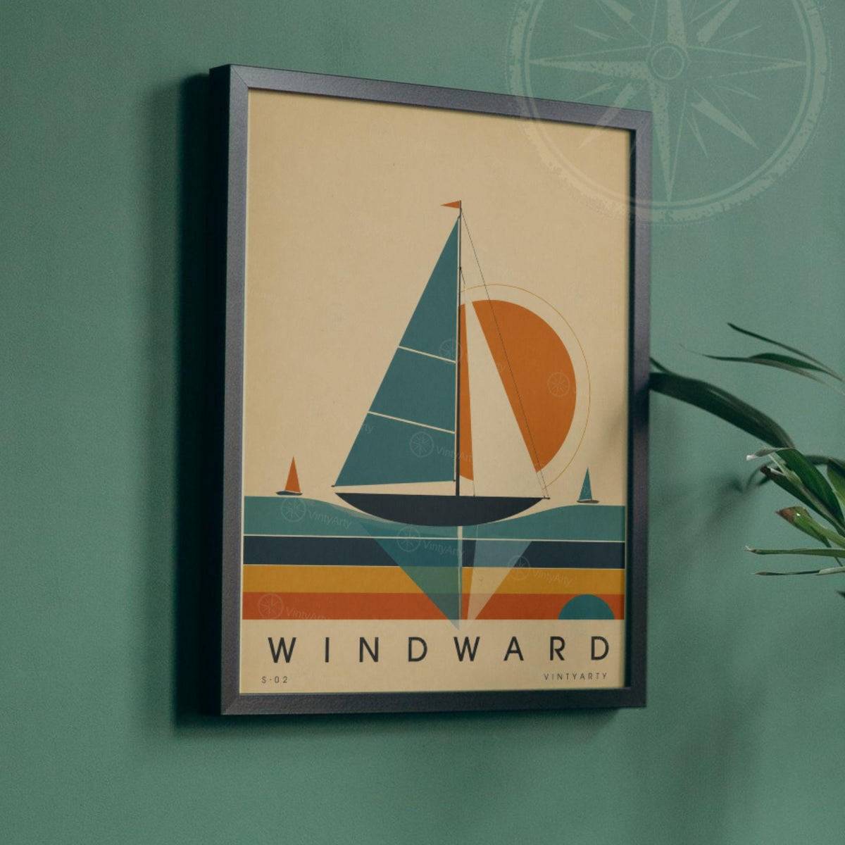 Affiche voile, voilier de régate au soleil couchant, illustration mid-century, décoration murale sport