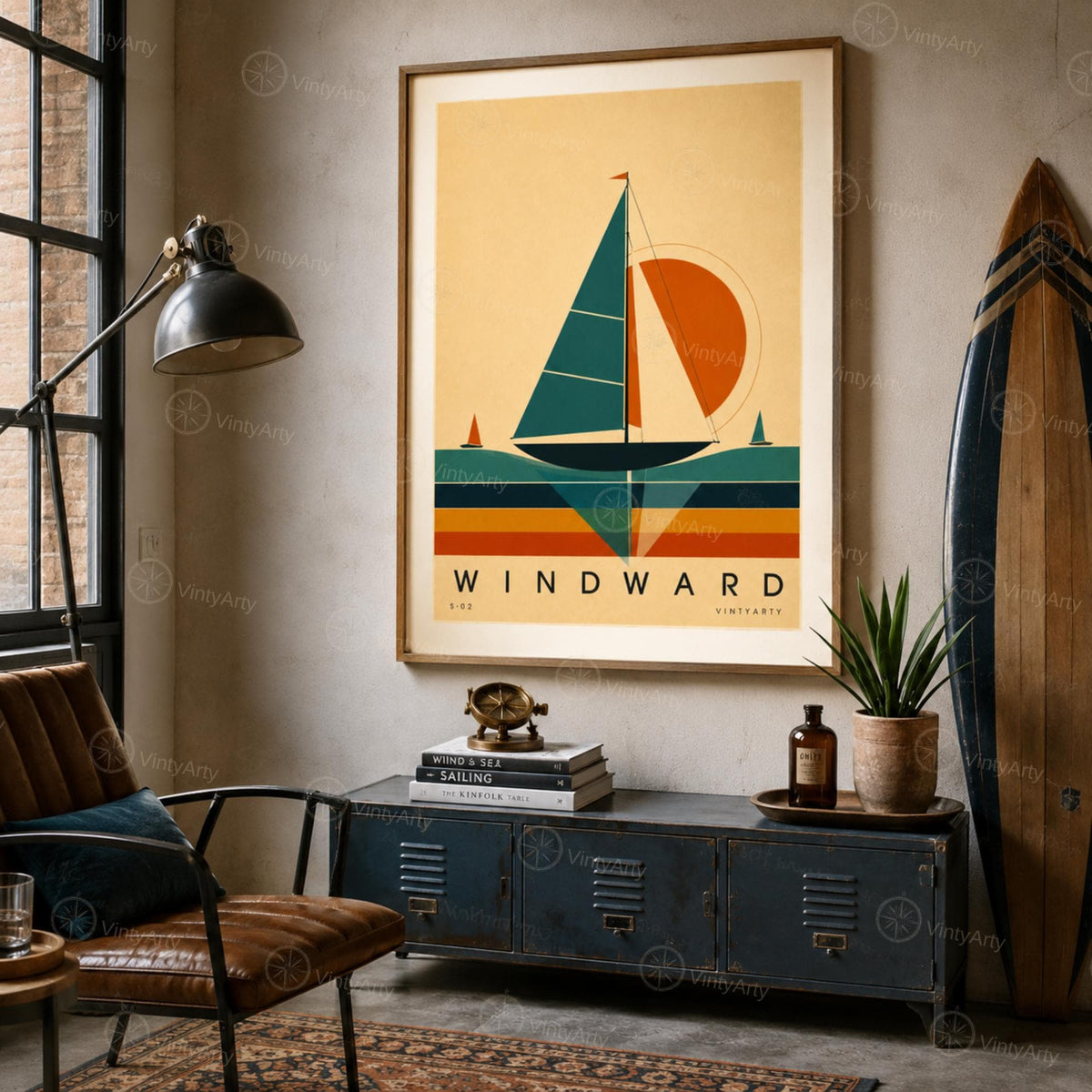 Affiche voile, voilier de régate au soleil couchant, illustration mid-century, décoration murale sport