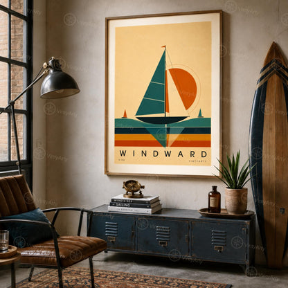 Affiche voile, voilier de régate au soleil couchant, illustration mid-century, décoration murale sport