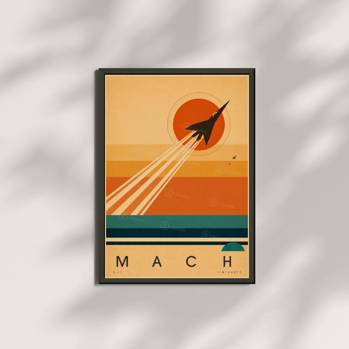 Affiche aviation, avion à réaction et traînées au soleil couchant, illustration mid-century, art mural