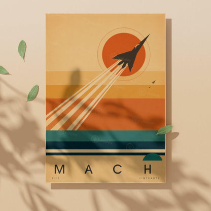 Affiche aviation, avion à réaction et traînées au soleil couchant, illustration mid-century, art mural