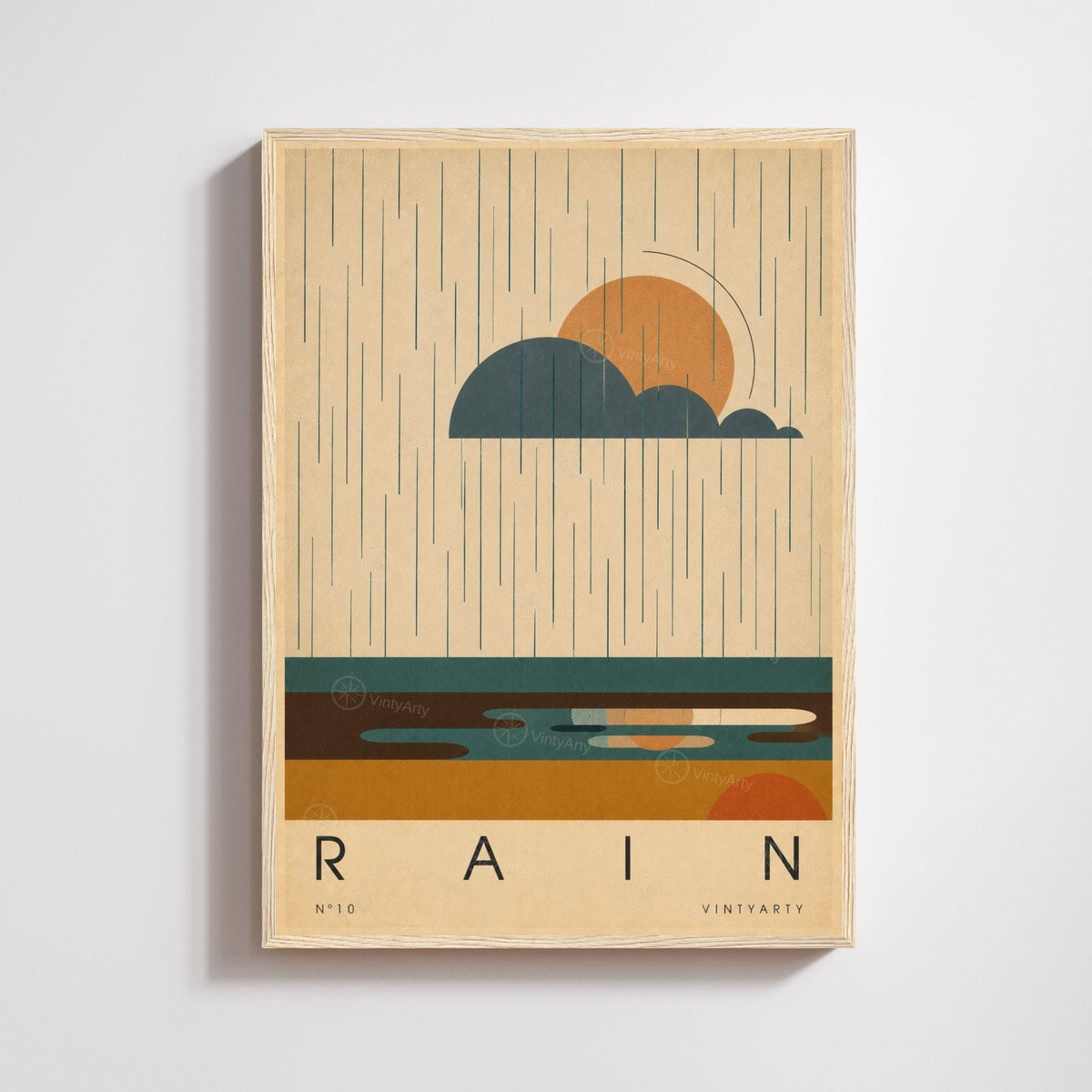 Affiche pluie, nuage et soleil au-dessus des flaques, illustration mid-century, décoration murale