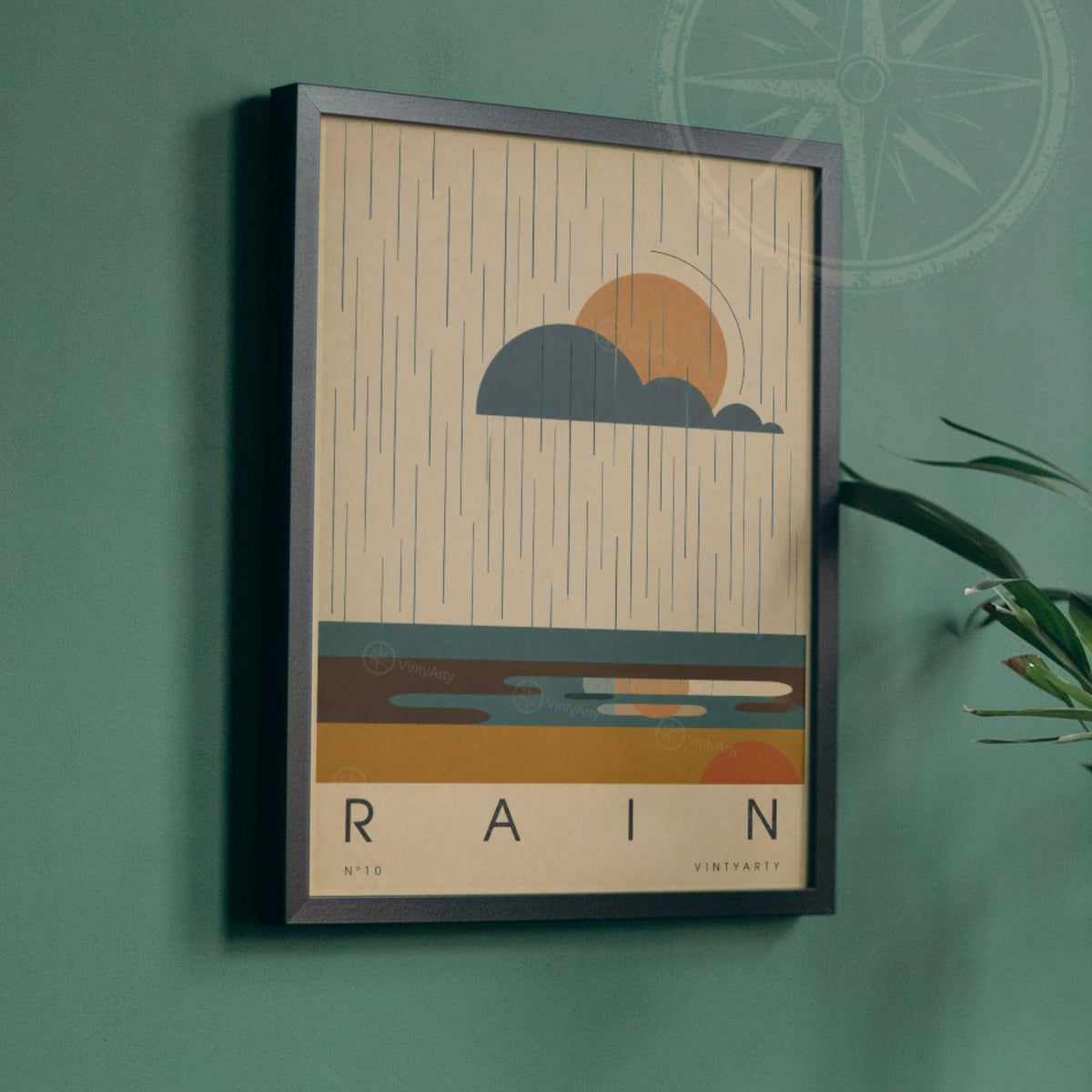 Affiche pluie, nuage et soleil au-dessus des flaques, illustration mid-century, décoration murale